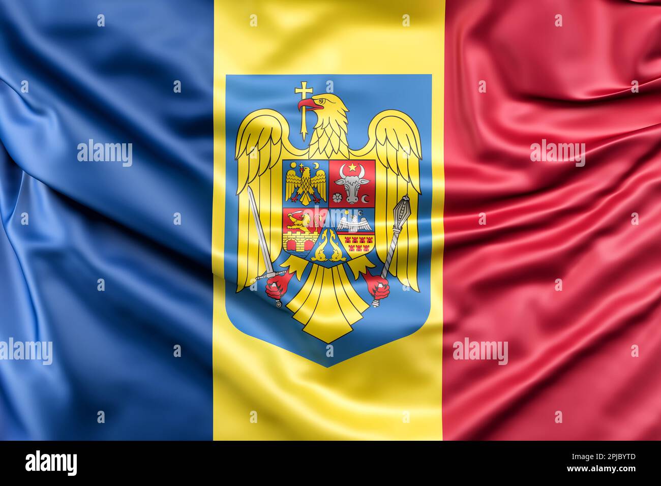 Rumänische Flagge mit Wappen. 3D-Rendering Stockfoto