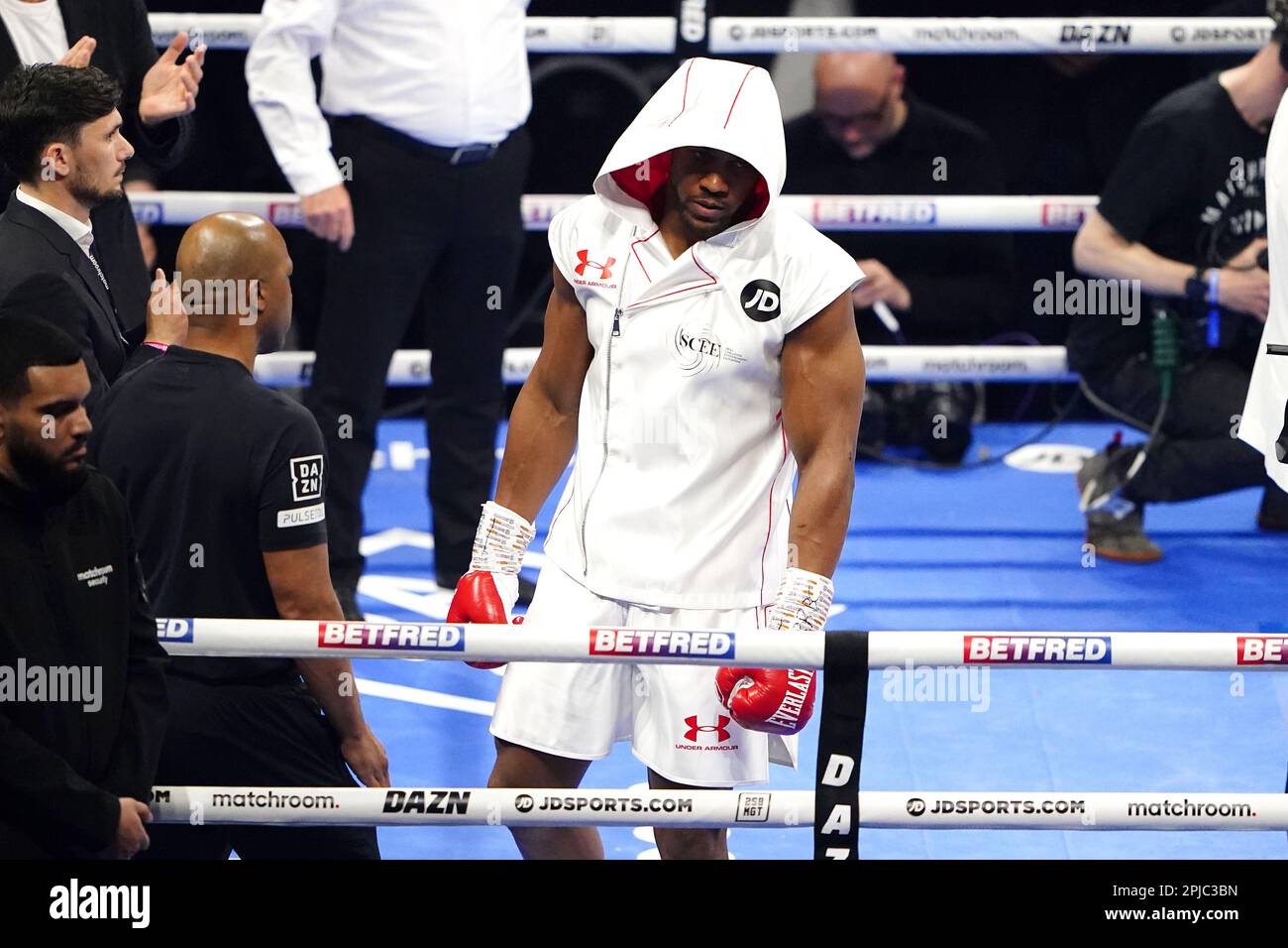 Anthony Joshua vor dem internationalen Schwergewichtswettbewerb gegen Jermaine Franklin bei der O2 in London. Foto: Samstag, 1. April 2023. Stockfoto