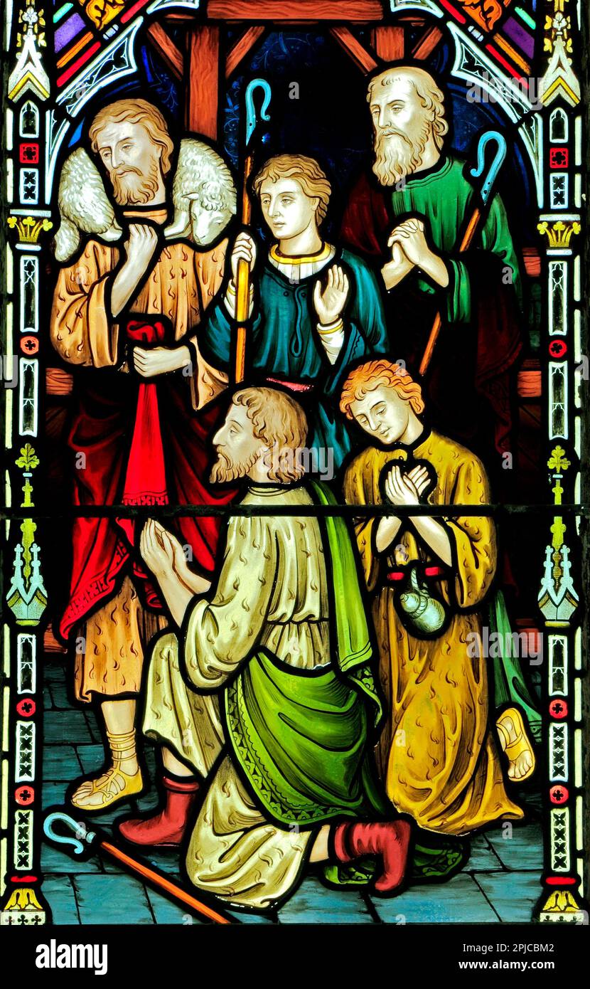 Burnham Deepdale, The Nativity, Christmas, Buntglasfenster, Shepherds, Von Frederick Preedy, 1876, Norfolk, England, Großbritannien Stockfoto