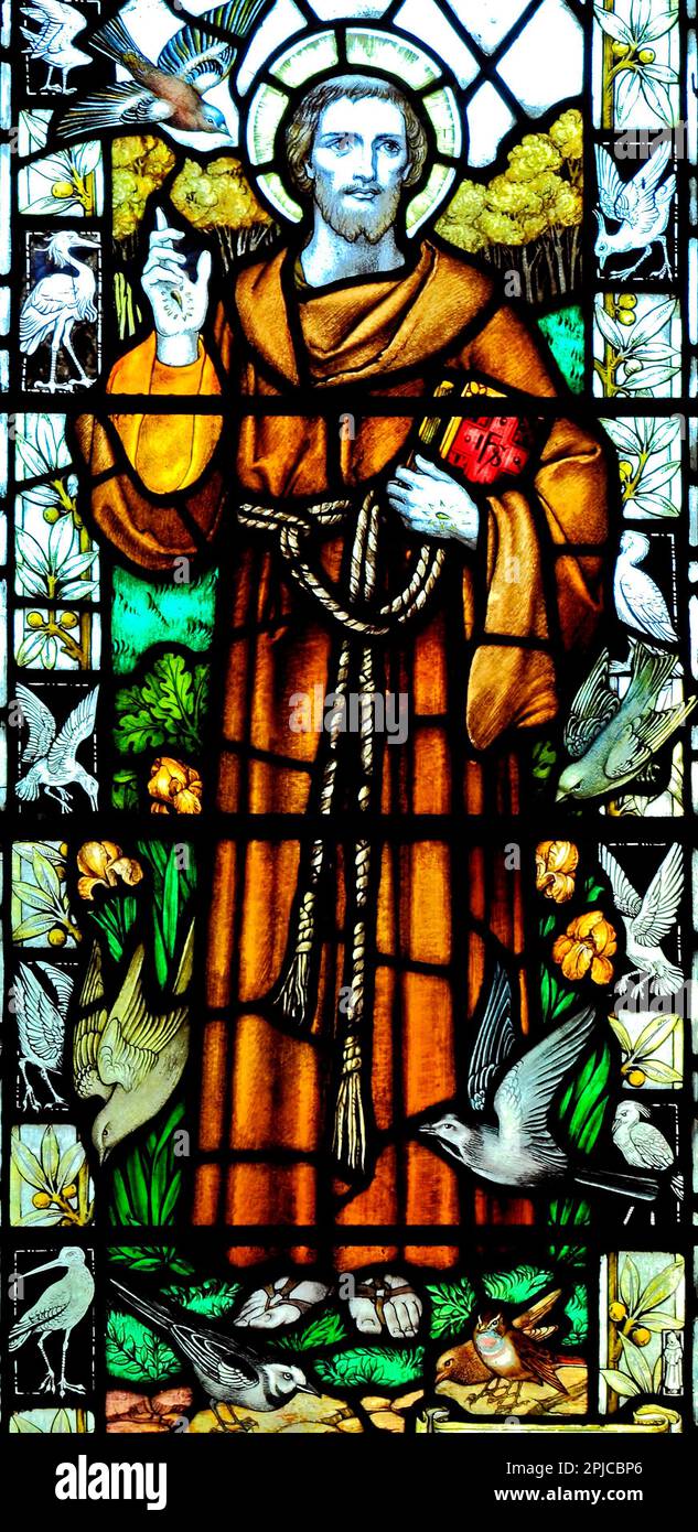 Cley am Meer, Norfolk. St. Francis, saint, Buntglasfenster von J. Powell & Sons, 1925, England, Großbritannien Stockfoto