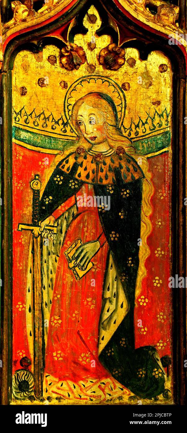 Auge, Suffolk, St. Katharina, Leinwand-Gemälde, Ende des 15. Jahrhunderts, heilige, weibliche Heilige, England, Großbritannien Stockfoto