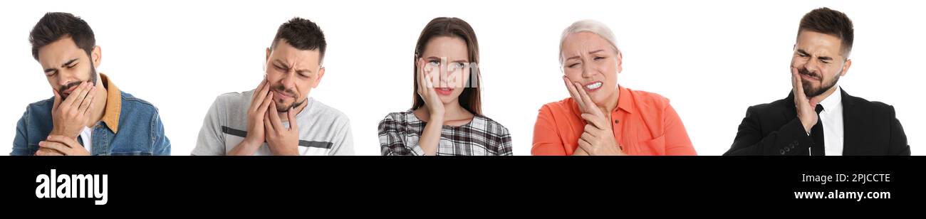 Collage mit Fotos von Menschen mit Zahnschmerzen auf weißem Hintergrund. Bannerdesign Stockfoto