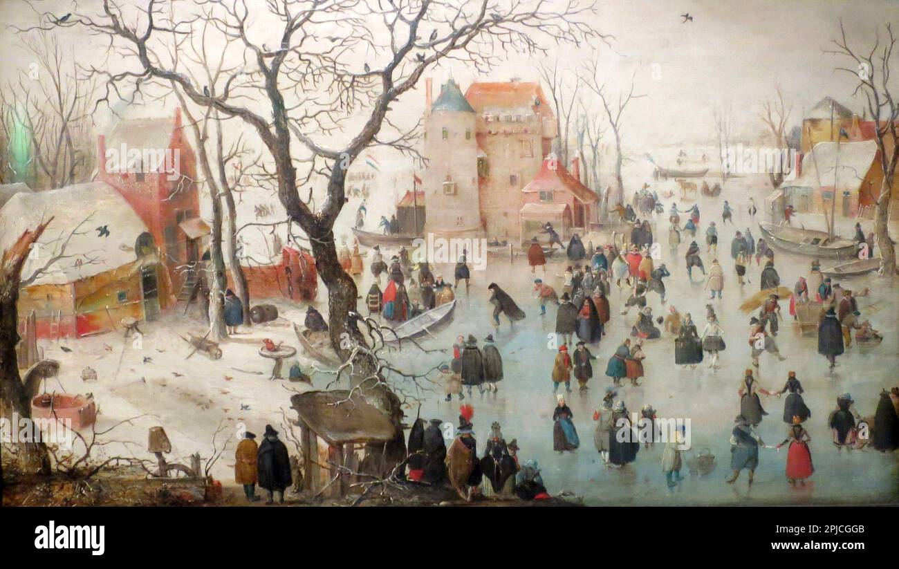 Winterlandschaft mit Eisläufern, gemalt vom niederländischen Maler Hendrick Avercamp aus dem 16. Jahrhundert. Avercamp war taub und stumm und wurde als „de Stomme van Kampen“ (der stumme Kampen) bekannt. Stockfoto