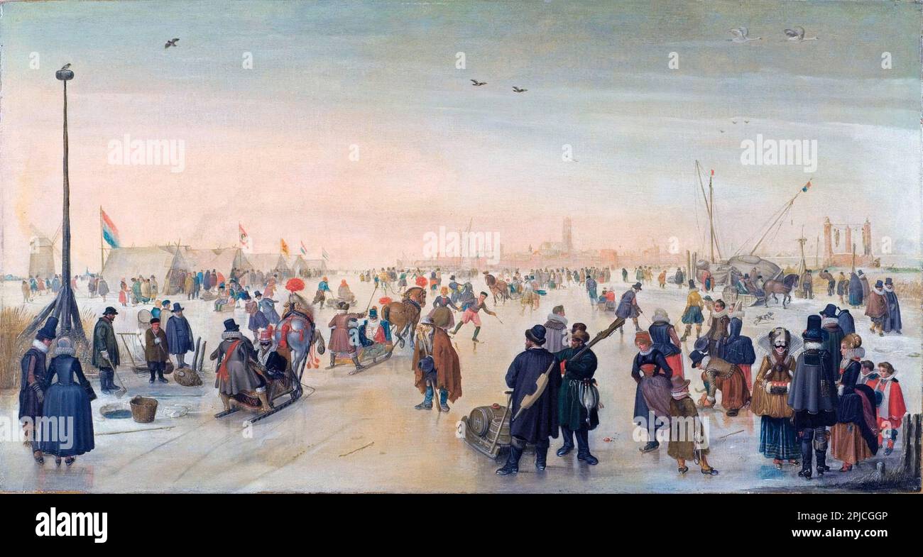 Genießen Sie das Eis in der Nähe einer Stadt (1620), gemalt vom niederländischen Maler Hendrick Avercamp aus dem 16. Jahrhundert. Avercamp war taub und stumm und wurde als „de Stomme van Kampen“ (der stumme Kampen) bekannt. Stockfoto