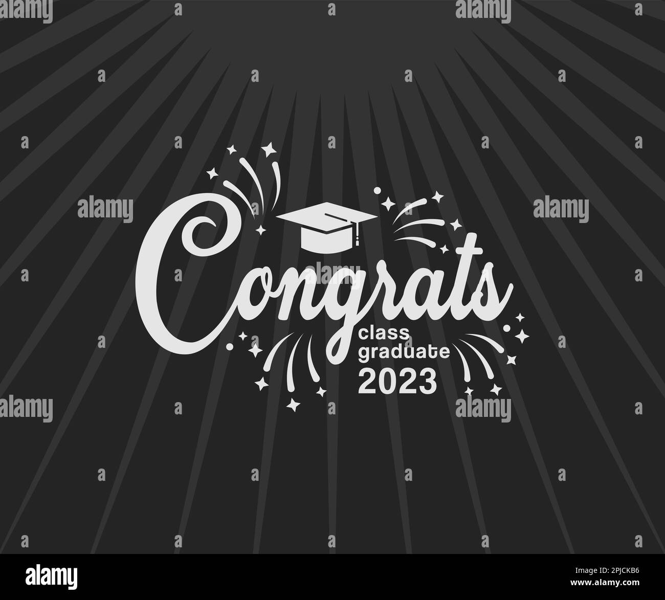 Herzlichen Glückwunsch! Grußzeichen für die Abschlussfeier. Klasse von 2023. Akademische Mütze und Diplom. Vektor-Typografie-Design für Gratulationszeremonie, Invitatio Stock Vektor