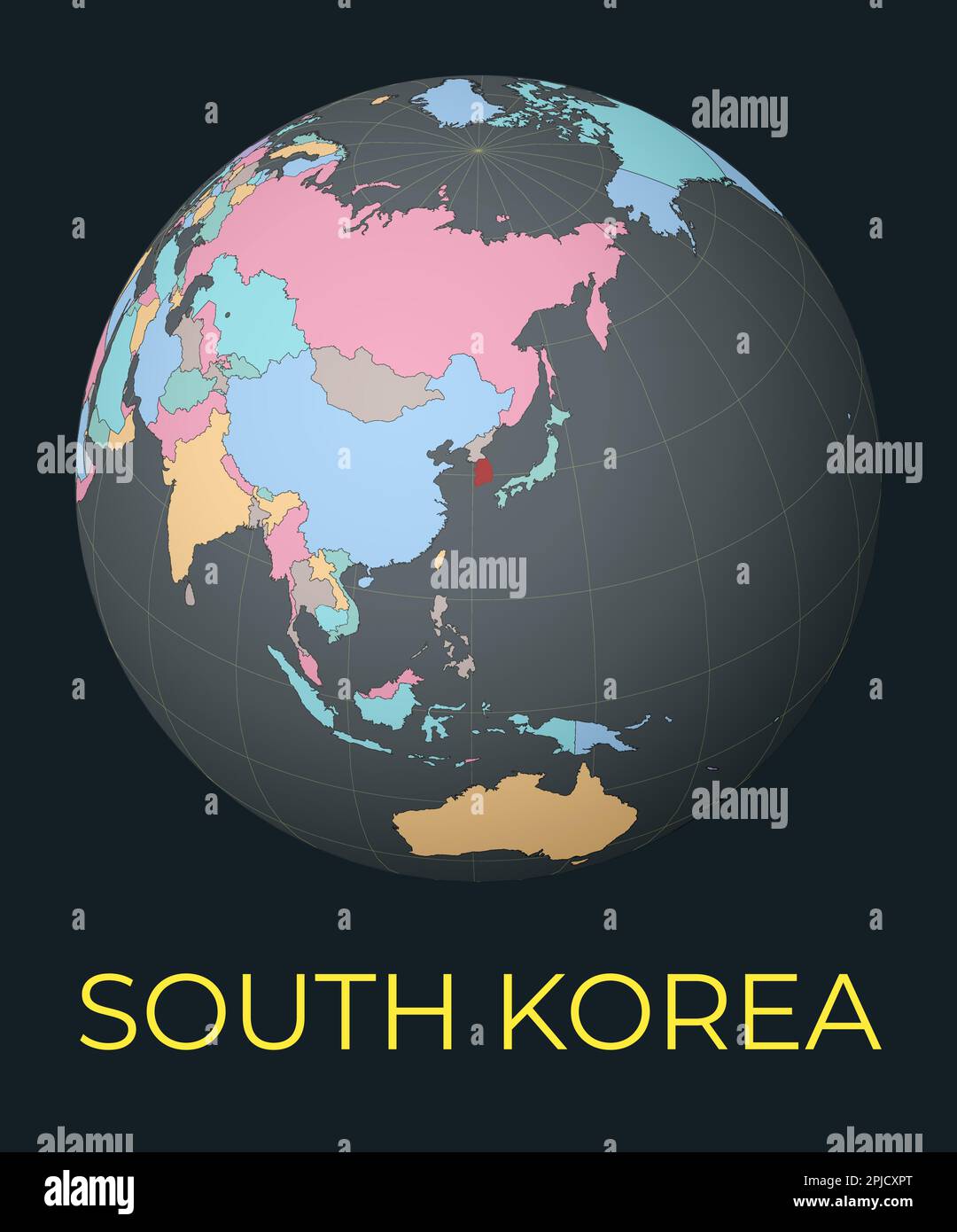Weltkarte mit Schwerpunkt auf Südkorea. Rotes Land hervorgehoben. Satellitenansicht der Welt mit dem Namen des Landes. Vektorabbildung. Stock Vektor