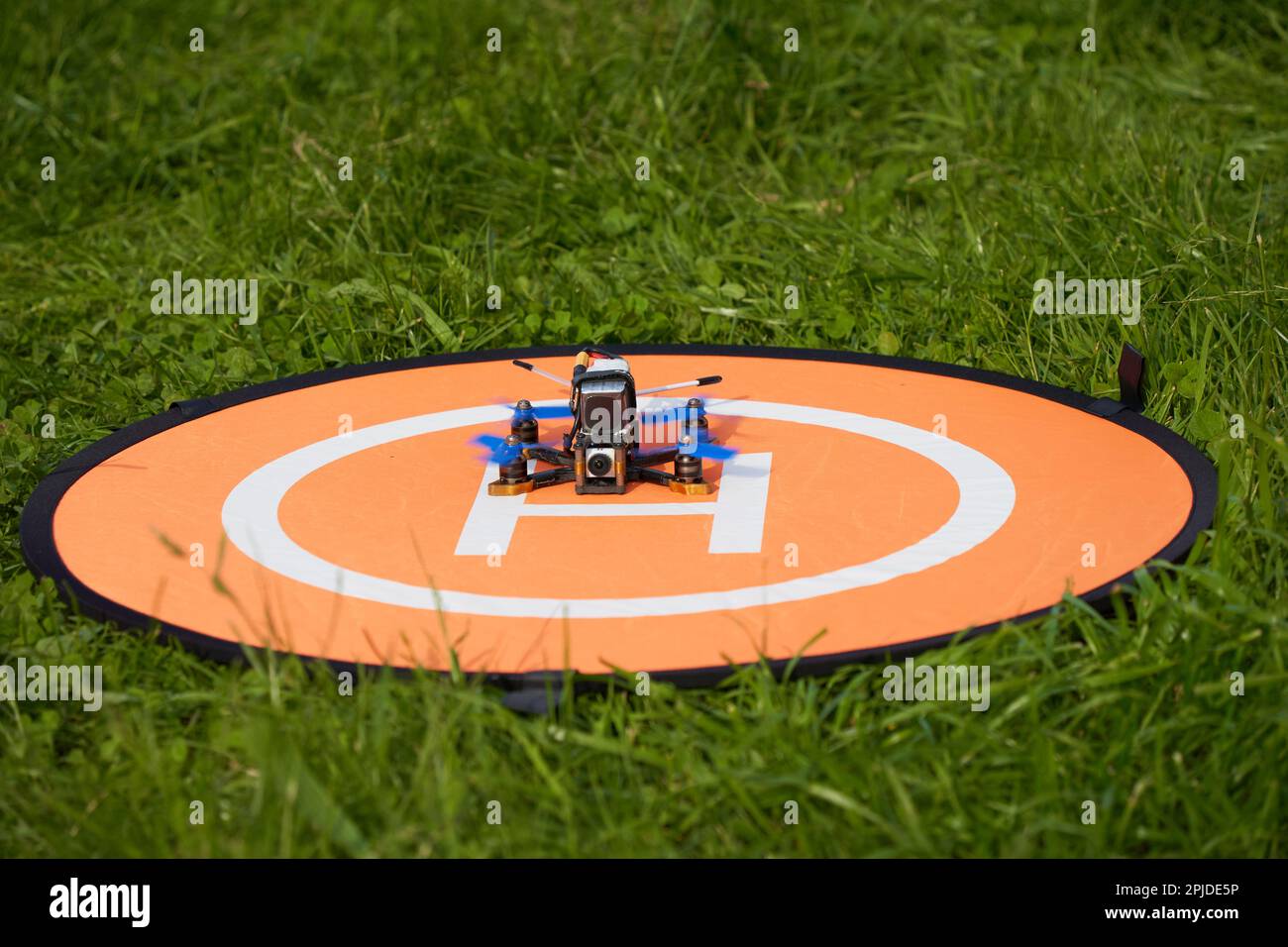 Kleiner Quadcopter mit blauen Propellern auf einem orangefarbenen Landeplatz, der sich auf der grünen Wiese befindet. Deutschland. Stockfoto