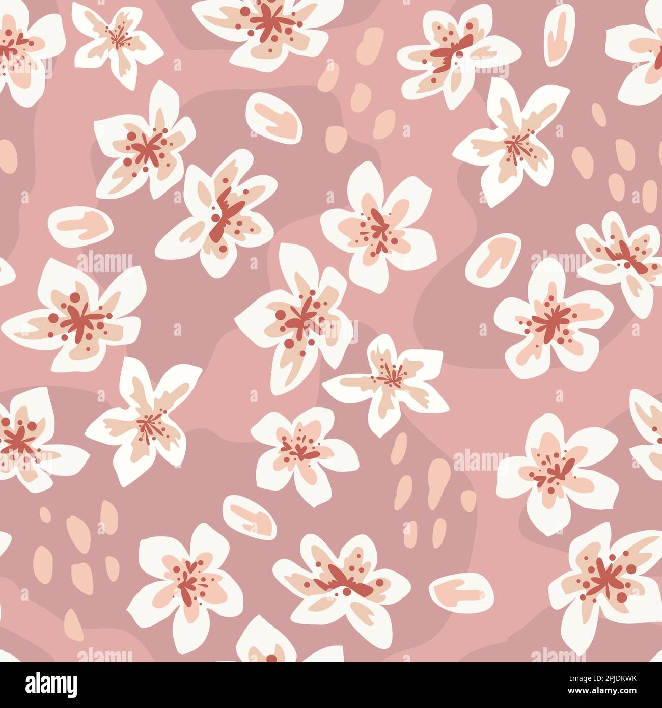 Süße Sakura-Blüte, japanisches Muster. Rosafarbene japanische Kirsche, herabfallende Frühlingsblumen, Naturfloraldruck, Notizbuchdekoration. Textildekor, Geschenkpapier, Tapetendesign. Nahtloser Vektorhintergrund Stock Vektor