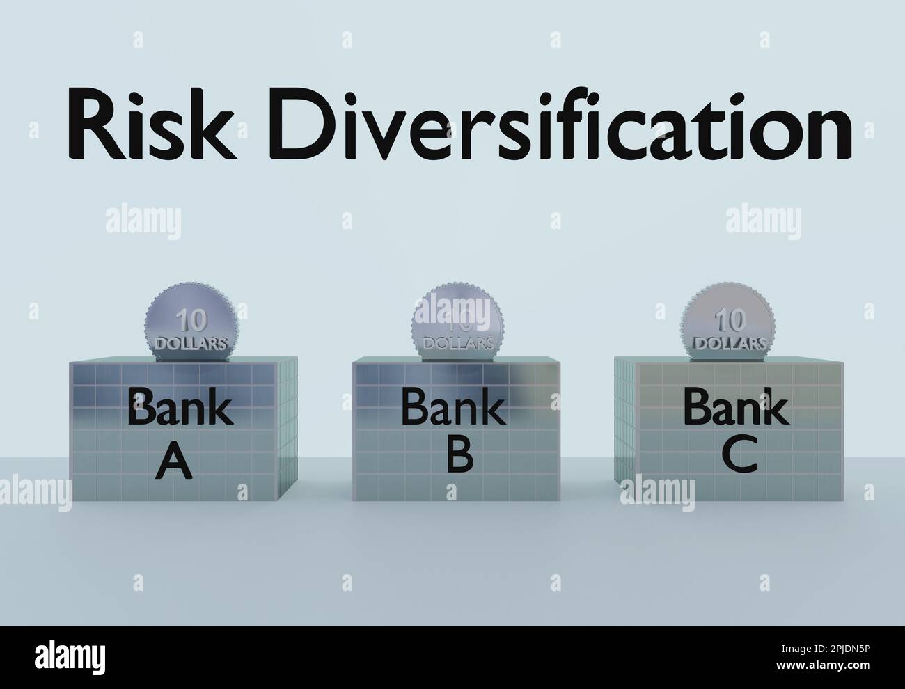 3D Darstellung von drei Silbermünzen, die in drei symbolische Bankgebäude mit dem Titel Risikodiversifizierung eingesteckt werden. Stockfoto