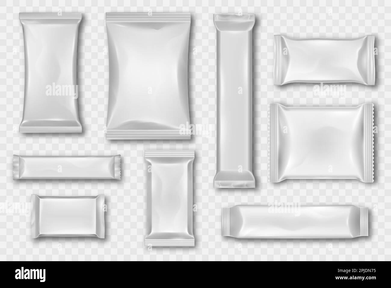 3D-Paket. Schokoriegel-Pack-Modell. Weißer Fluss des Wicklers. Snackbeutel. Plastikpackung für Wafer und Kekse. Realistische leere Süßigkeiten-Verpackung. Isolierte Produktbehälter. Vektorfolienboxen fertig Stock Vektor