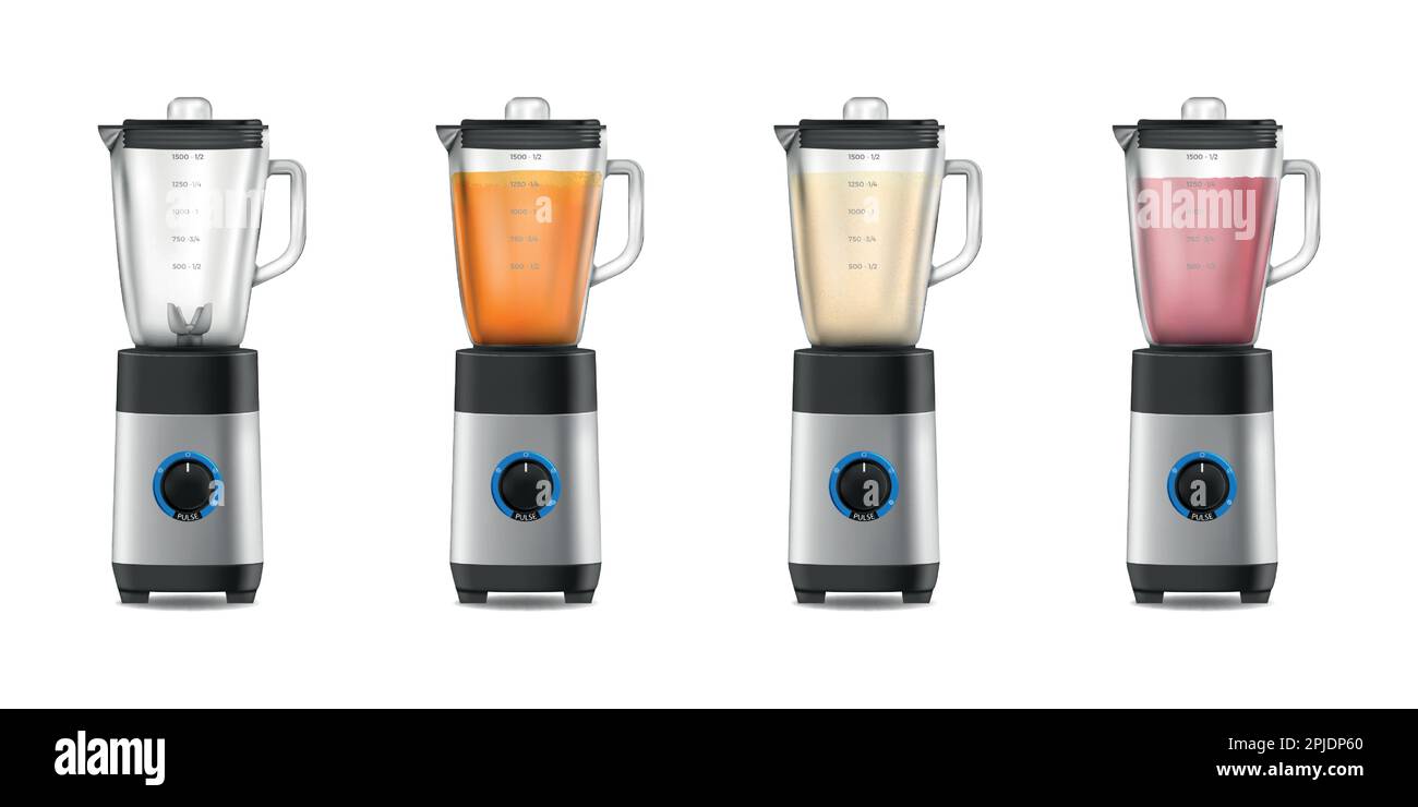 3D Mischer. Haushaltsmixer. Fruchtsafter. Küchenmaschine für Saft oder Smoothie mit Glasbecher zum elektrischen Mixen. Trinken Sie Zittern. Voll und leer. Vektorrealistische isolierte Haushaltsgeräte Stock Vektor