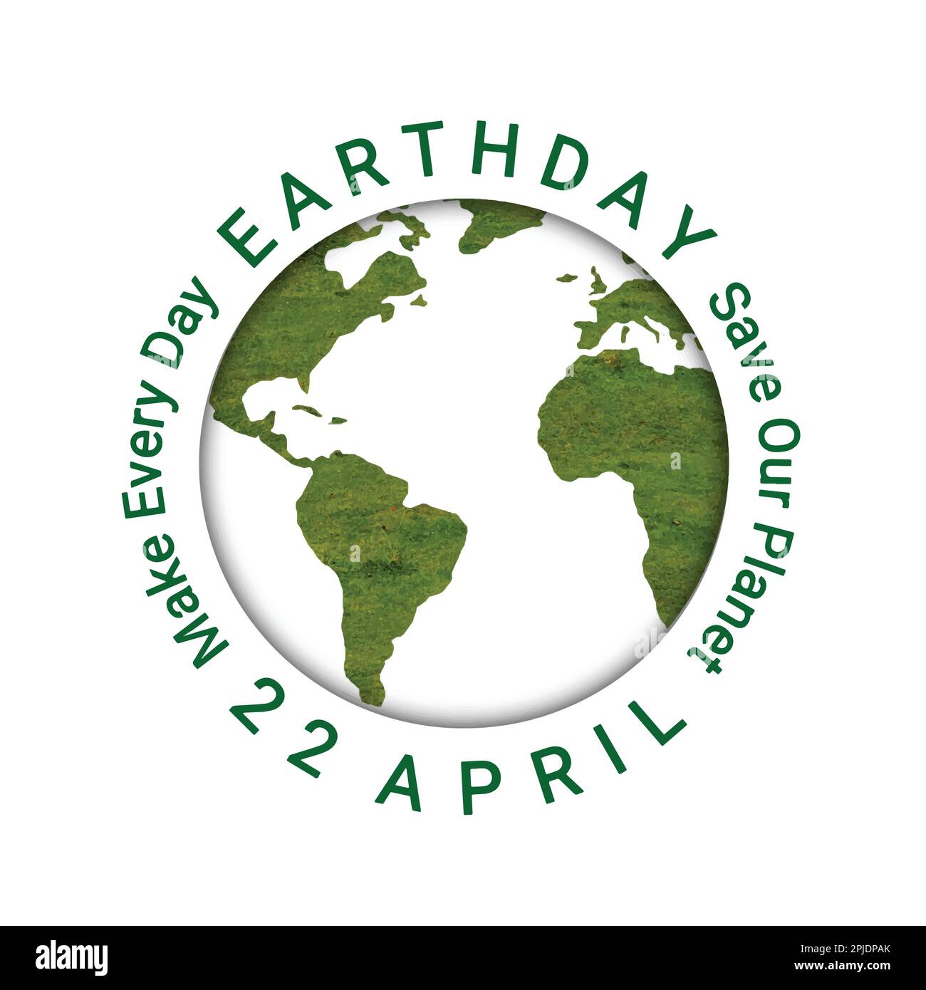Earth Day Konzept mit Weltkarte mit grünem Gras auf weißem Hintergrund. 22. April. Jeden Tag machen. Rette unseren Planeten. Vektordarstellung Stock Vektor