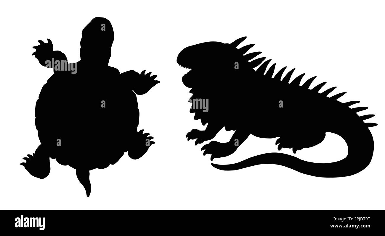 Schwarze Silhouette aus Schildkröte und Leguan. Schablone mit lustigen Reptilien. Vorlage für auszuschneidende Kinder. Stockfoto