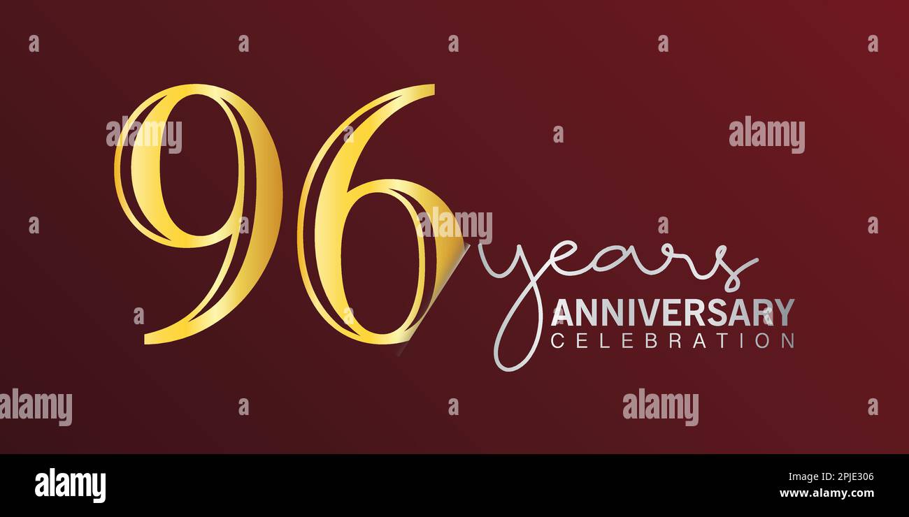 Jubiläumsfeier zum 96. Geburtstag: Logo-Nummer in Goldfarbe mit rotem Hintergrund. vektorjubiläum zur Feier, Einladungskarte und Begrüßung Stock Vektor