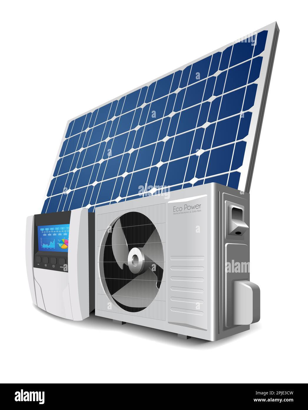 Wärmepumpe, Wechselrichter und Solarmodul als Konzept für ein grünes Energiesystem Stockfoto