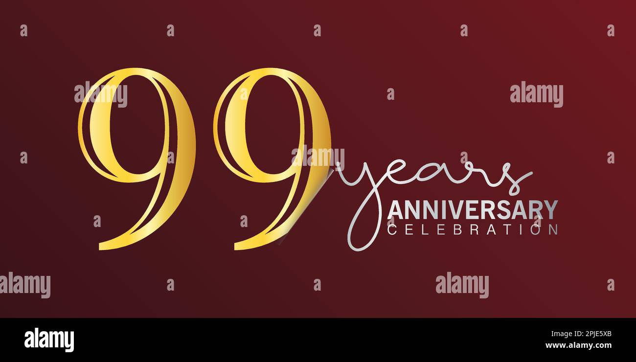 Jubiläumsfeier zum 99. Geburtstag: Logo-Nummer in Goldfarbe mit rotem Hintergrund. vektorjubiläum für die Feier, Einladungskarte und Gruß c Stock Vektor