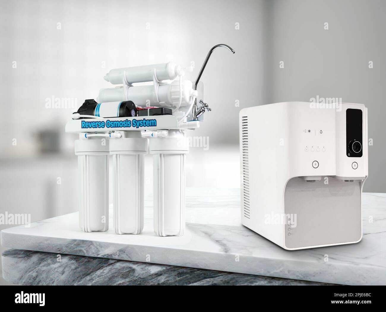 Wasserreiniger mit moderner Technologie. Neuer Wasserkühler. Technologisches Design. Stockfoto