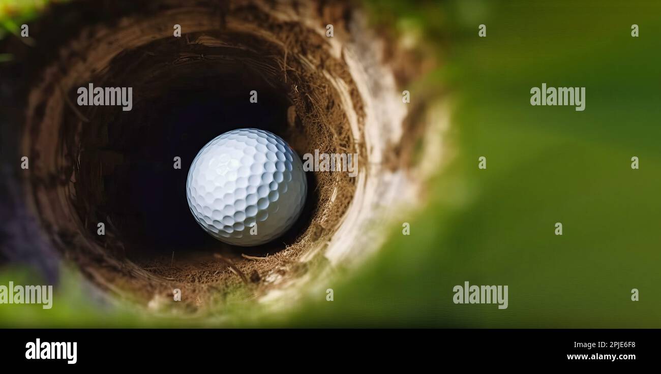 Golfball fällt in das Loch an der Kamera, Blick in das Loch Nahaufnahme Stockfoto