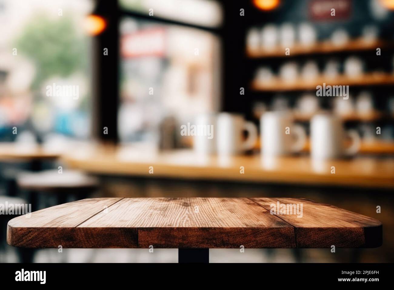 Leere Tischplatte aus Holz und verschwommenes Bild im Café-Restaurant im dunklen Nachthintergrund Stockfoto