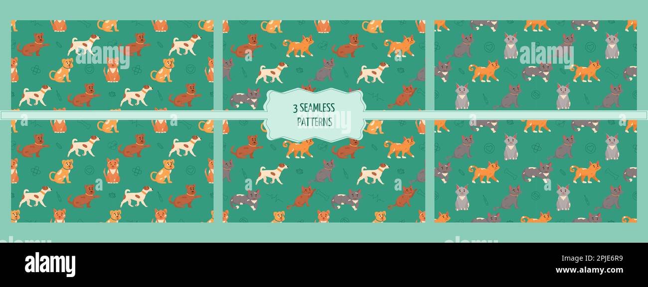 Hunde und Katzen nahtloses Muster. Flache Vektorgrafik. Stock Vektor