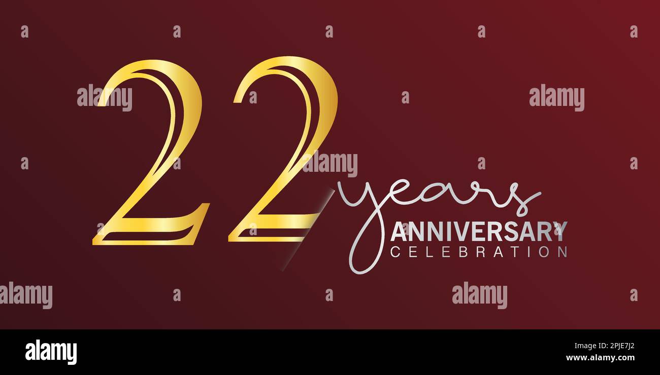 Jubiläumsfeier zum 22. Geburtstag: Logo-Nummer in Goldfarbe mit rotem Hintergrund. vektorjubiläum für die Feier, Einladungskarte und Gruß c Stock Vektor