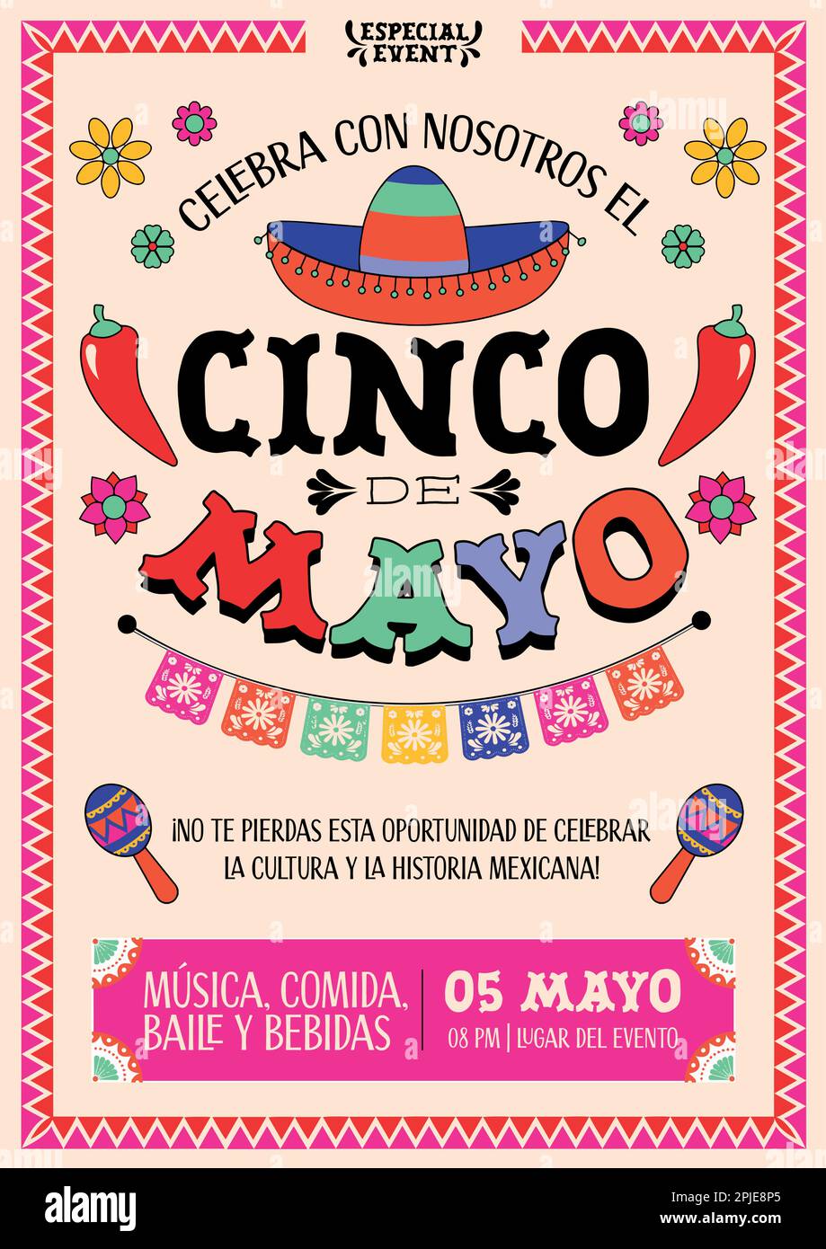 Cinco de Mayo - 5. Mai, Bundesurlaub in Mexiko. Fiesta Banner- und Posterdesign Flaggen, Blumen, Dekorationen. Feiern Sie mit uns. Musik, Tanz Stock Vektor