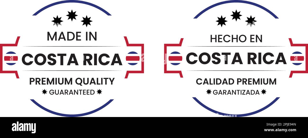 Hergestellt in Costa Rica runde Etiketten in Englisch und Spanisch in Sprachen. Vektorsymbol für Qualitätsmarkierungen. Perfekt für Logo-Design, Anhänger, Abzeichen usw. Stock Vektor