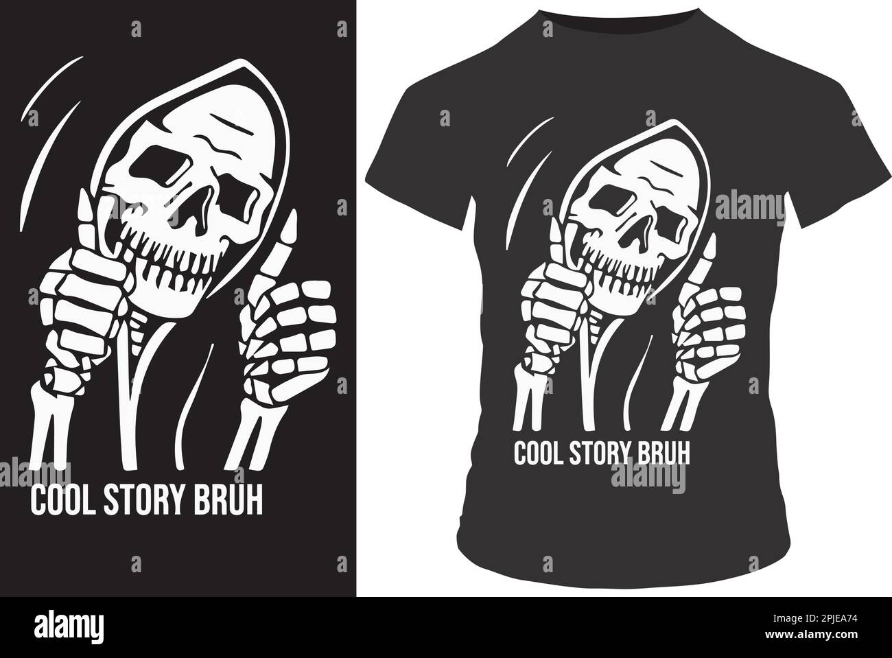 Silhouette eines glücklichen Skeletts im Hoodie mit beiden Händen, die sich aufhalten. Vektor-Illustration für T-Shirt Print on Demand Merch Stock Vektor