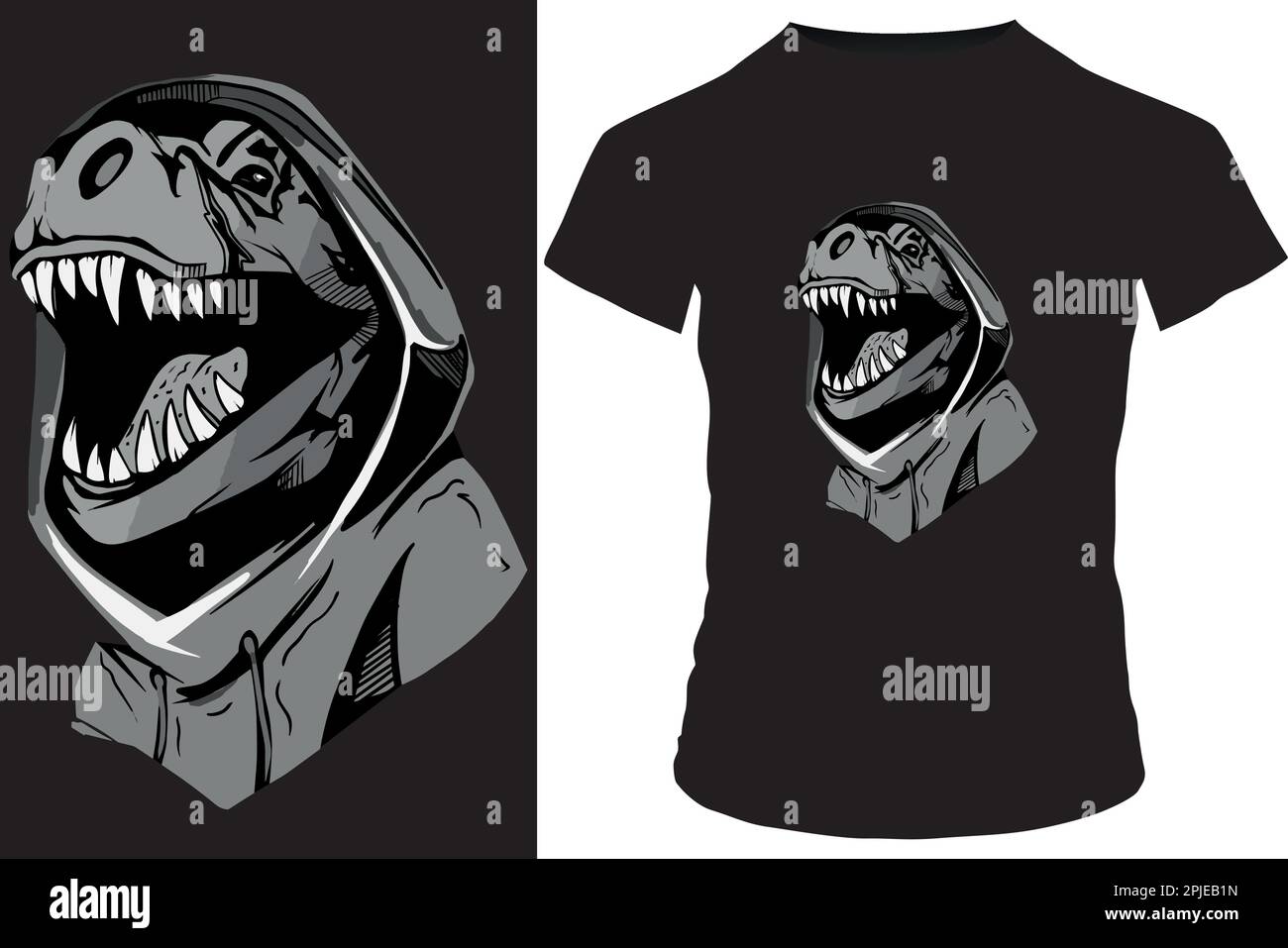 Gangster-Dinosaurier in Kapuzenpulli. Vektordarstellung für T-Shirt, Website, Print, Bewerbung, Logo, Clip-Art, Poster und Print-on-Demand-Werbeartikel Stock Vektor