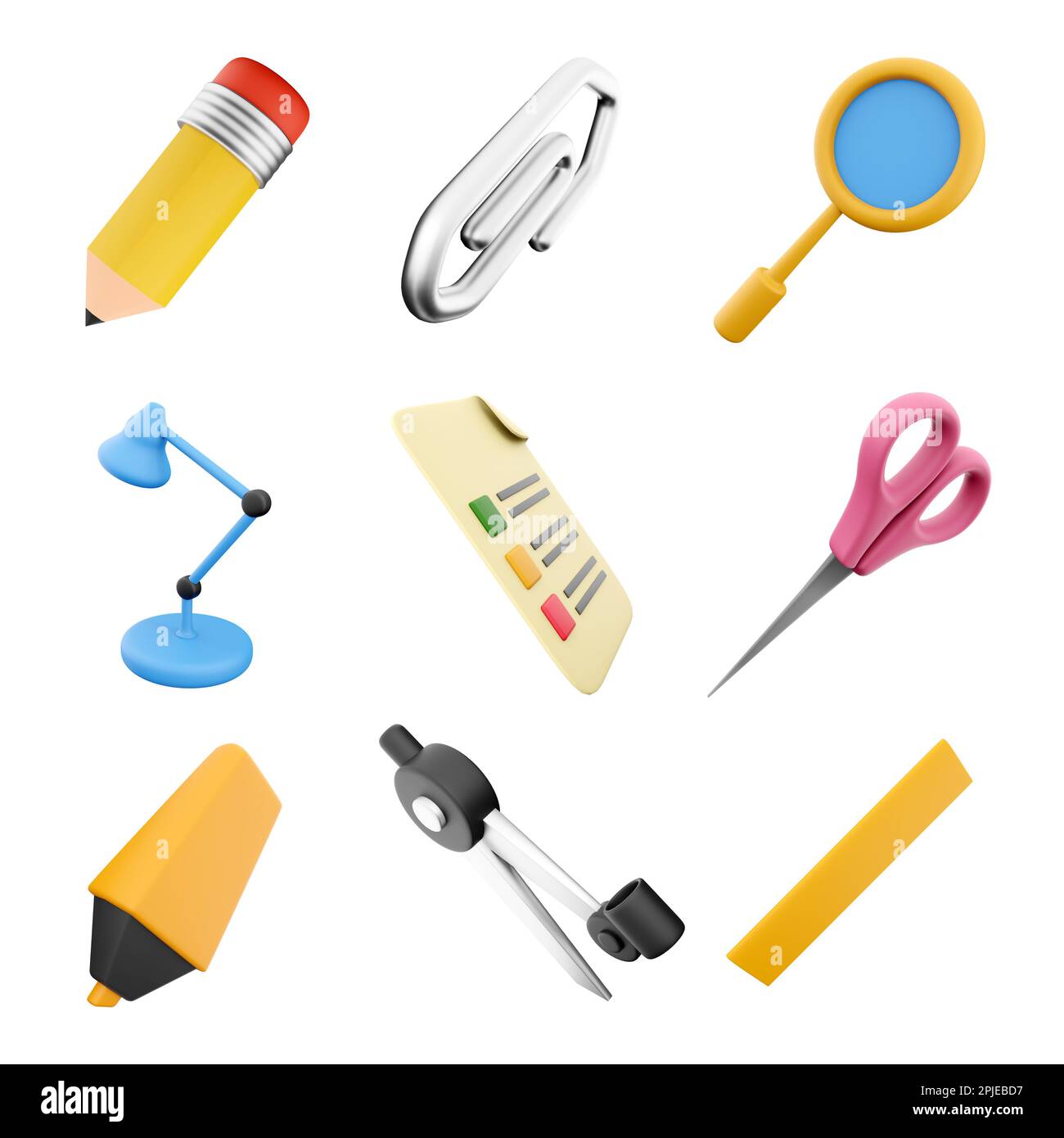 3D-Rendering-Stift, Büroklammer, blaue Lampe, Untersuchungspapier, gelber Marker, Symbolsatz für Kompass, Lineal, lupa und Schere. 3D Symbol für Bildungskonzept rendern Stockfoto
