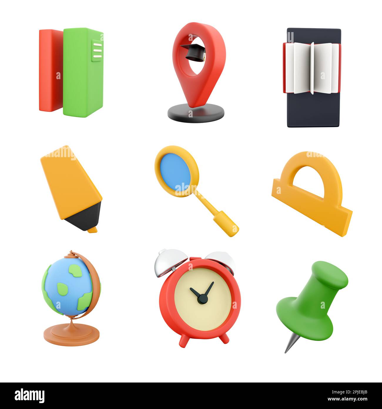 3D-Darstellung von zwei Büchern, Ort mit Graduierungskappe, geöffnetes Buch mit Telefon, gelber Marker, lupa, Winkelmesser, Globus, Wecker- und PIN-Symbolsatz Stockfoto