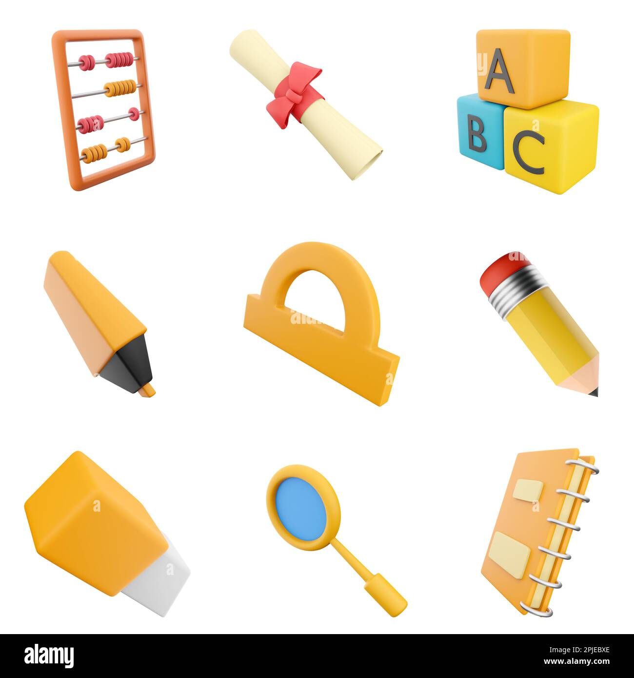 3D-Abakus, Diplom, A-B-C-Blöcke, Marker, Winkelmesser, Bleistift, Radierer, Lupe und Notebook-Symbolsatz. 3D Symbolsatz für Bildungskonzepte rendern. Stockfoto