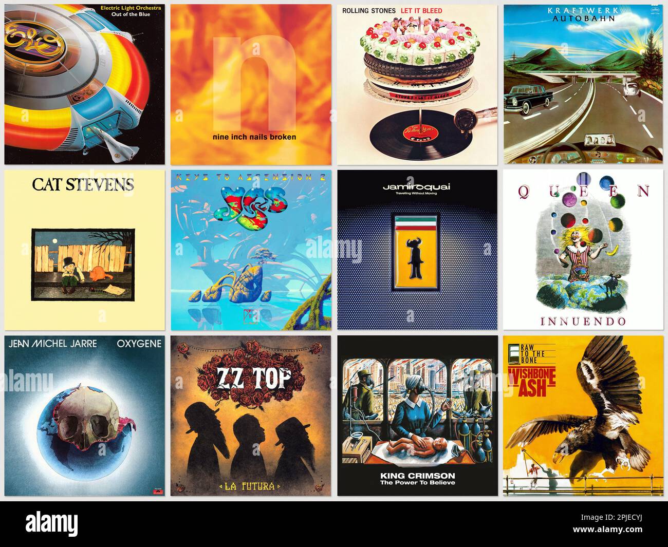 Set aus alten Rock- und Pop-Musik-LP-Plattencover, Sammlung von Musikalbum-Designs Stockfoto