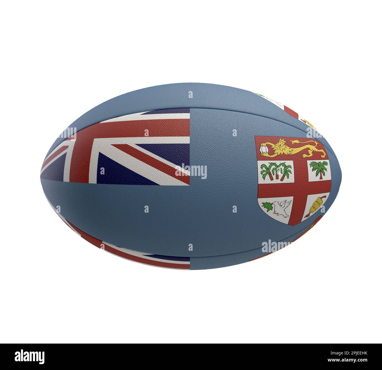 Ein weiß strukturierter Rugby-Ball mit Farbdesign, das die Fidschi-Nationalflagge auf einem isolierten Hintergrund darstellt - 3D-Rendering Stockfoto