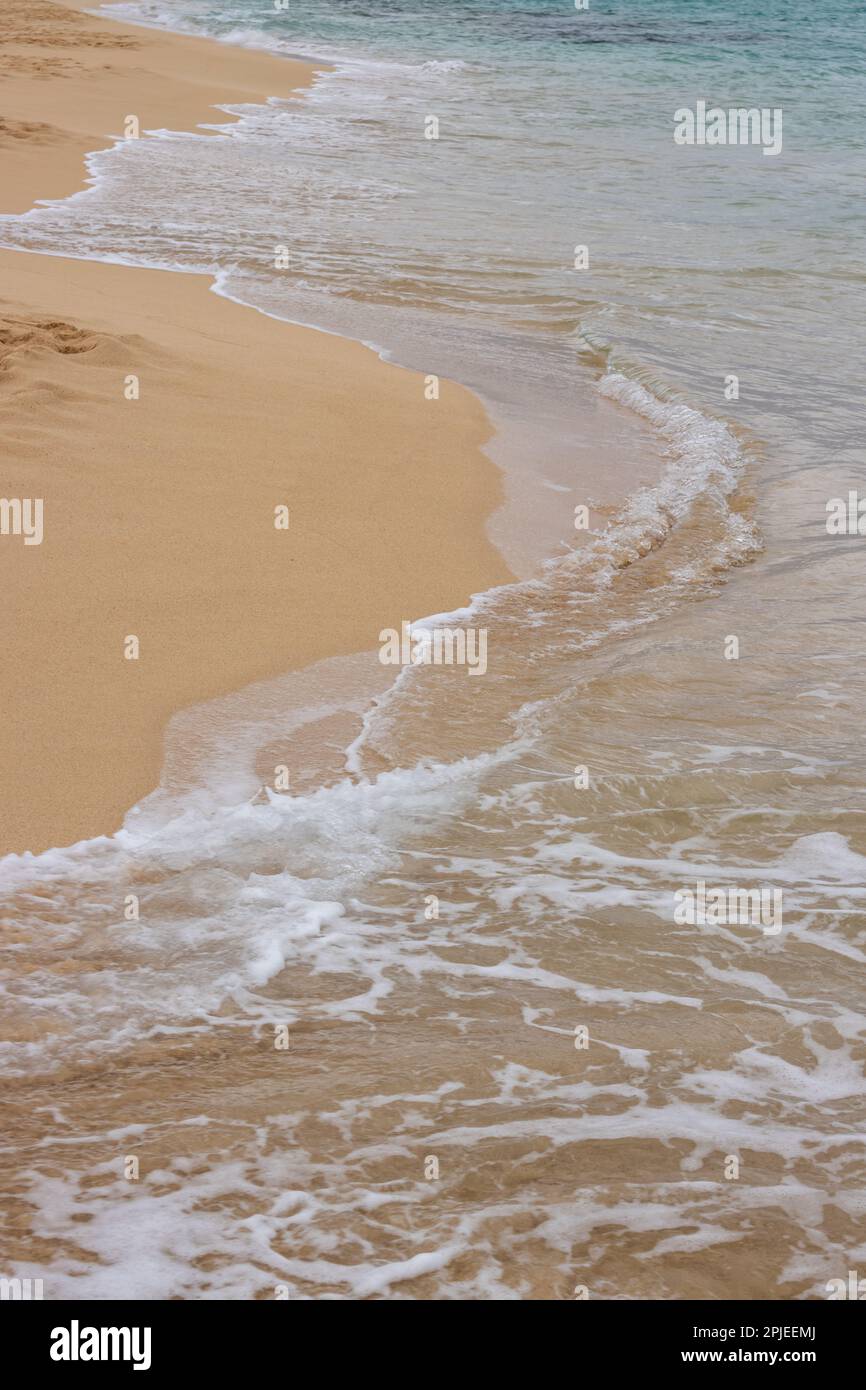 Goldener Sand am Strand, mit einem sanften Hauch von ruhigen Wellen des Atlantischen Ozeans. Parque Natural Dunas de Corralejo, Fuerteventura, Spanien. Stockfoto