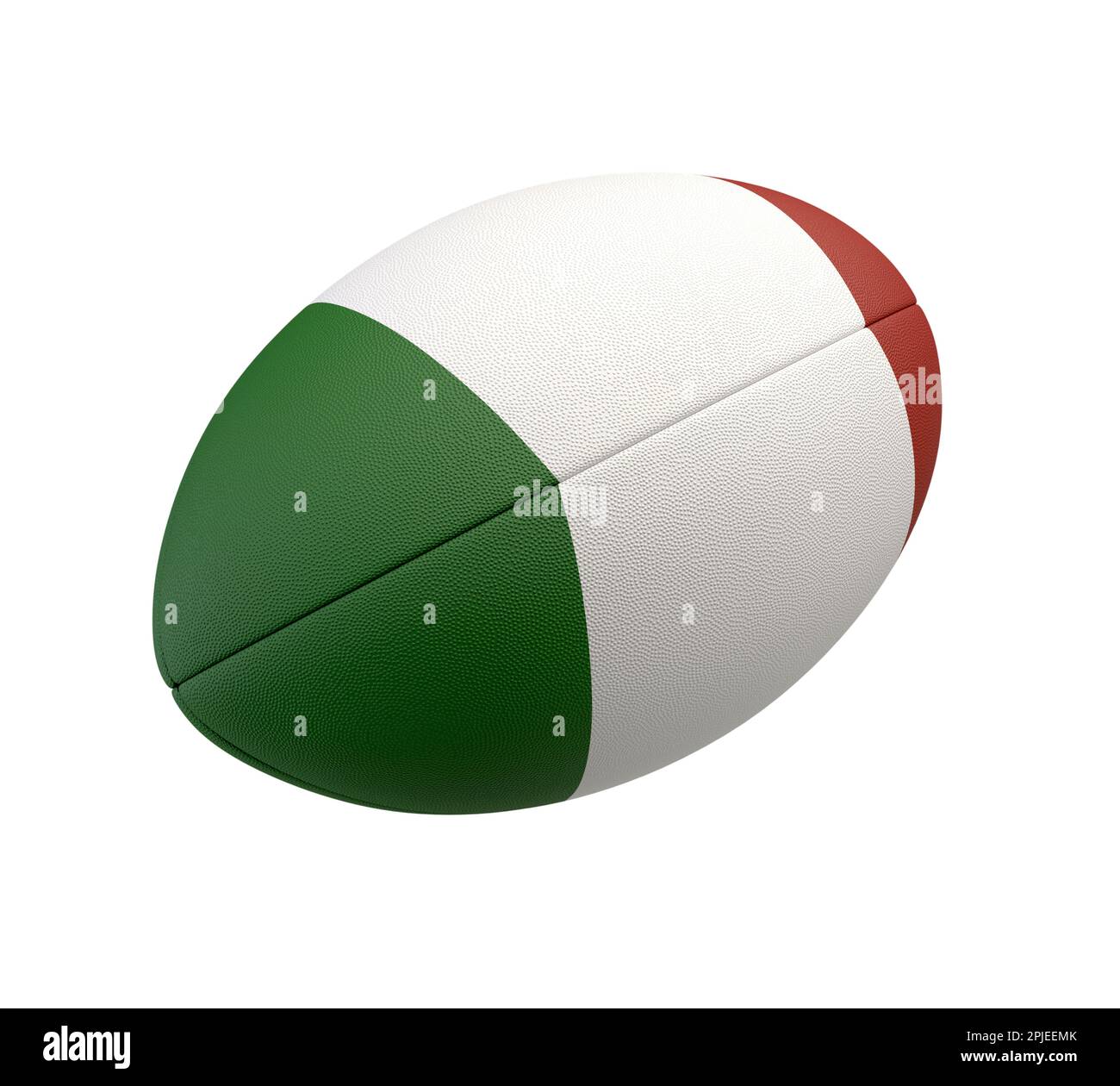 Ein weiß strukturierter Rugbyball mit Farbdesign, das die italienische Nationalflagge auf einem isolierten Hintergrund darstellt - 3D-Rendering Stockfoto