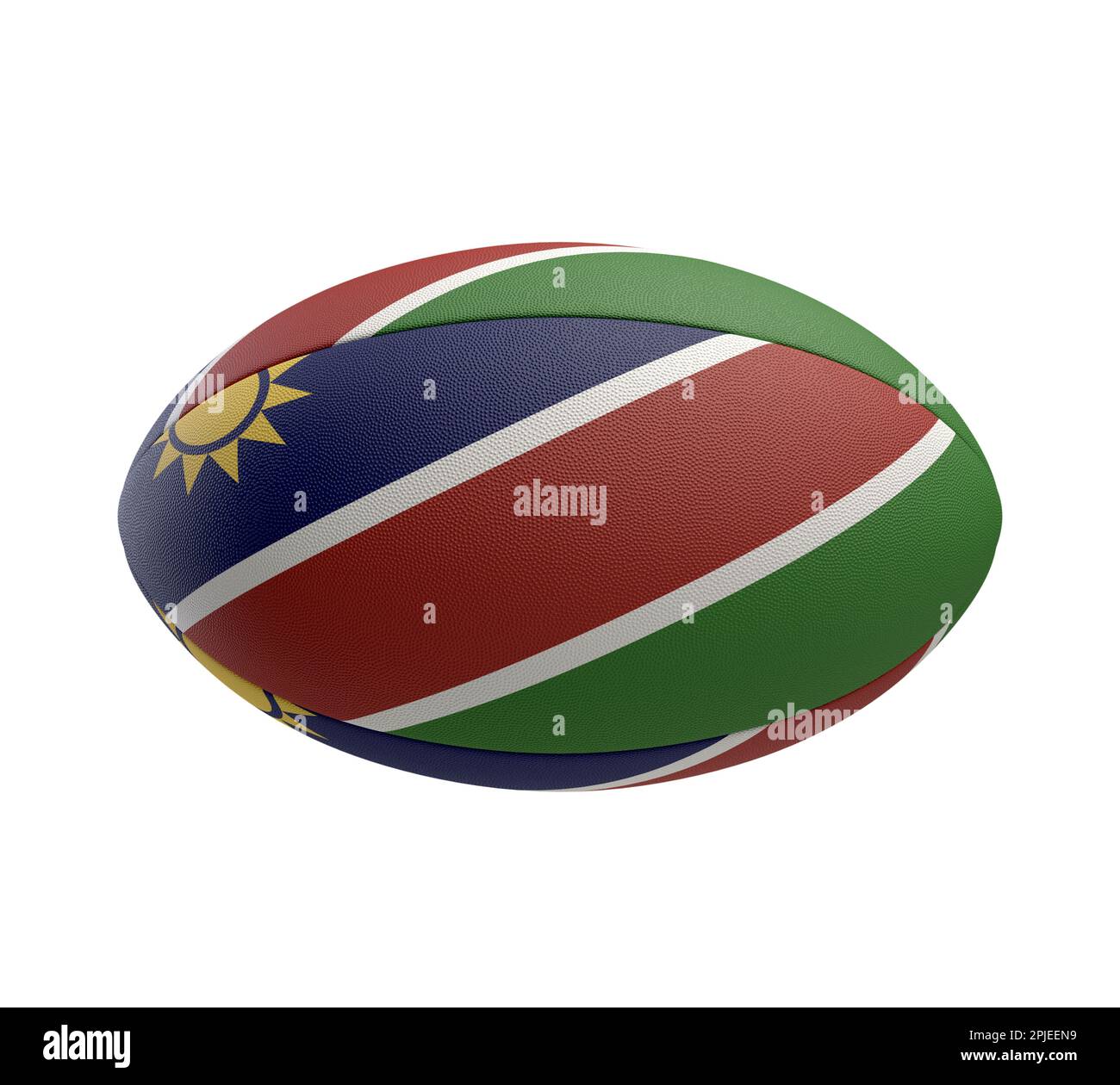 Ein weiß strukturierter Rugbyball mit Farbdesign, das die Nationalflagge Namibias auf einem isolierten Hintergrund darstellt - 3D-Rendering Stockfoto