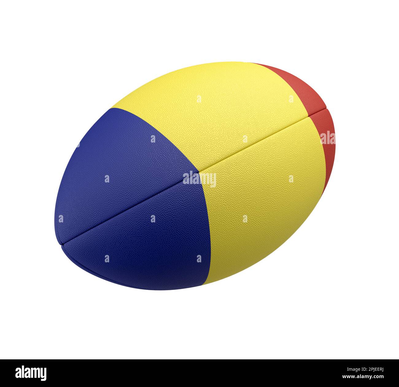 Ein weiß strukturierter Rugbyball mit Farbdesign, das die rumänische Nationalflagge auf einem isolierten Hintergrund darstellt - 3D-Rendering Stockfoto