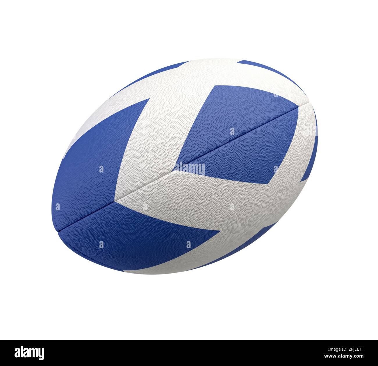 Ein weiß strukturierter Rugby-Ball mit Farbdesign, das die schottische Nationalflagge auf einem isolierten Hintergrund darstellt - 3D-Rendering Stockfoto