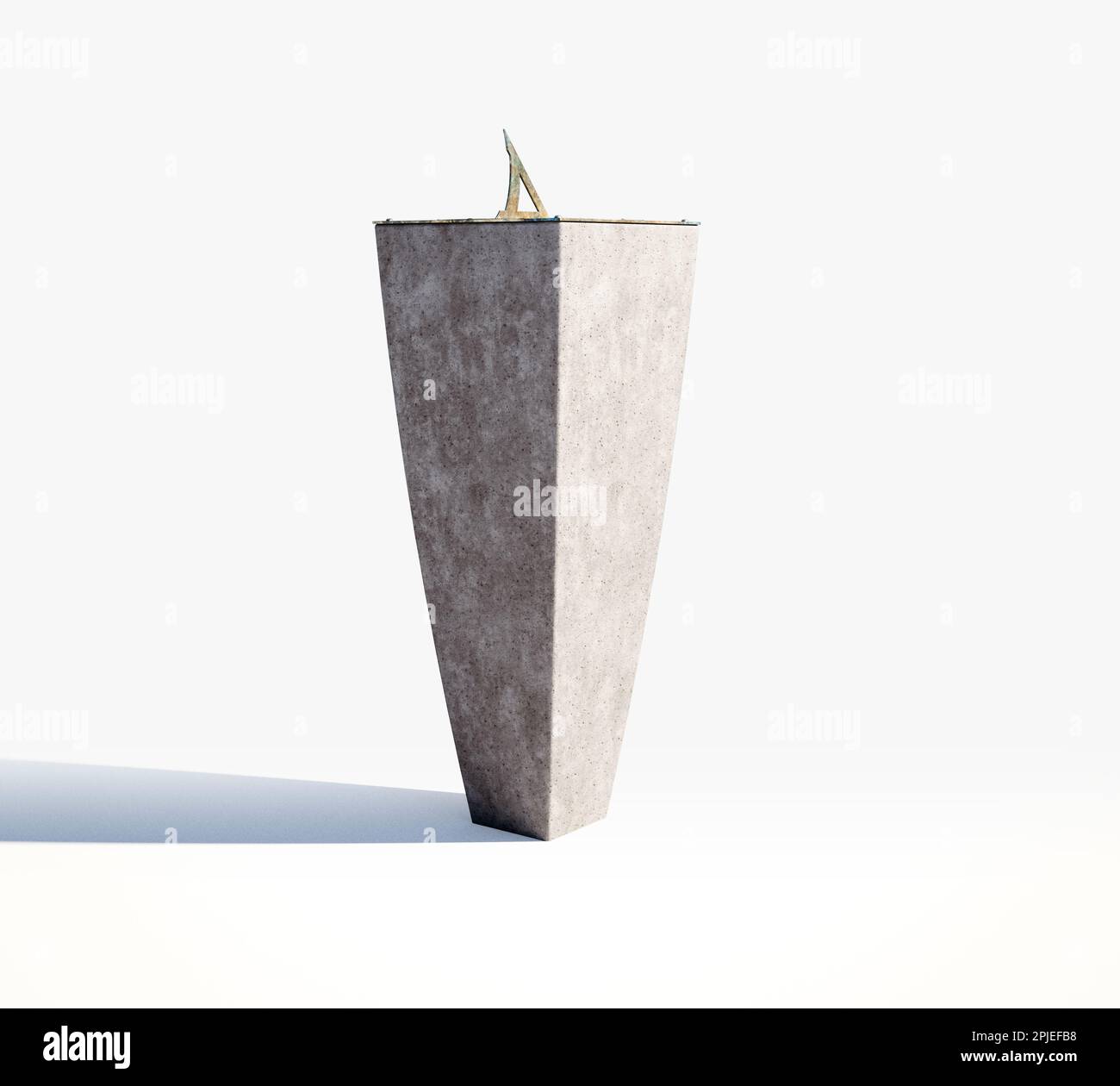 Eine quadratische Sonnenuhr aus Bronzeguss mit römischen Ziffern auf einer monolithischen Betonbasis auf einem isolierten Studiohintergrund - 3D-Rendering Stockfoto