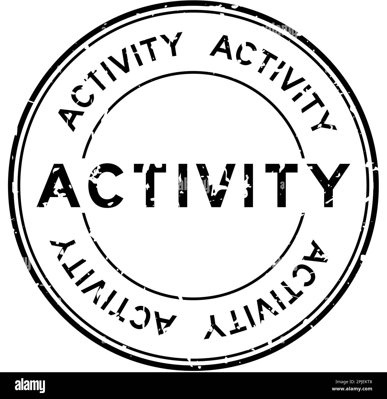 Grunge schwarzes Aktivitätswort mit runder Gummidichtung auf weißem Hintergrund Stock Vektor