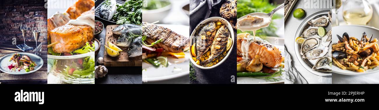 Verschiedene Meeresfrüchte in einer einzigen Fotografie, die acht verschiedene Mahlzeiten in einem Bannerformat zeigt. Stockfoto