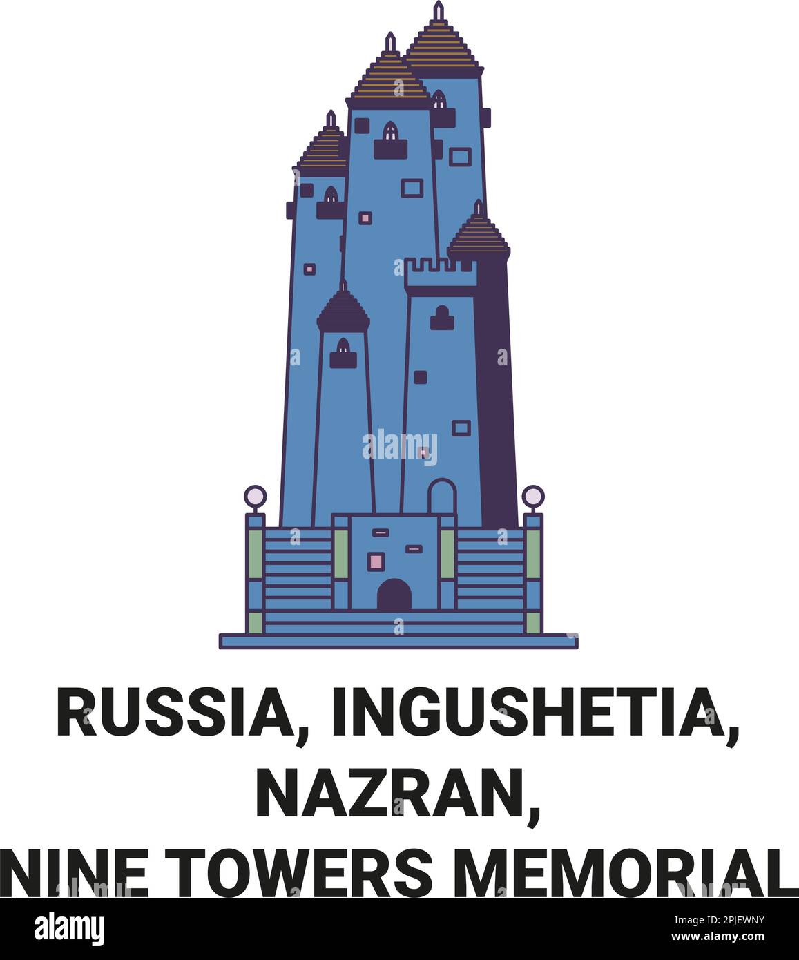Russland, Inguschetien, Nazran, Nine Towers Memorial Reise-Wahrzeichen-Vektordarstellung Stock Vektor