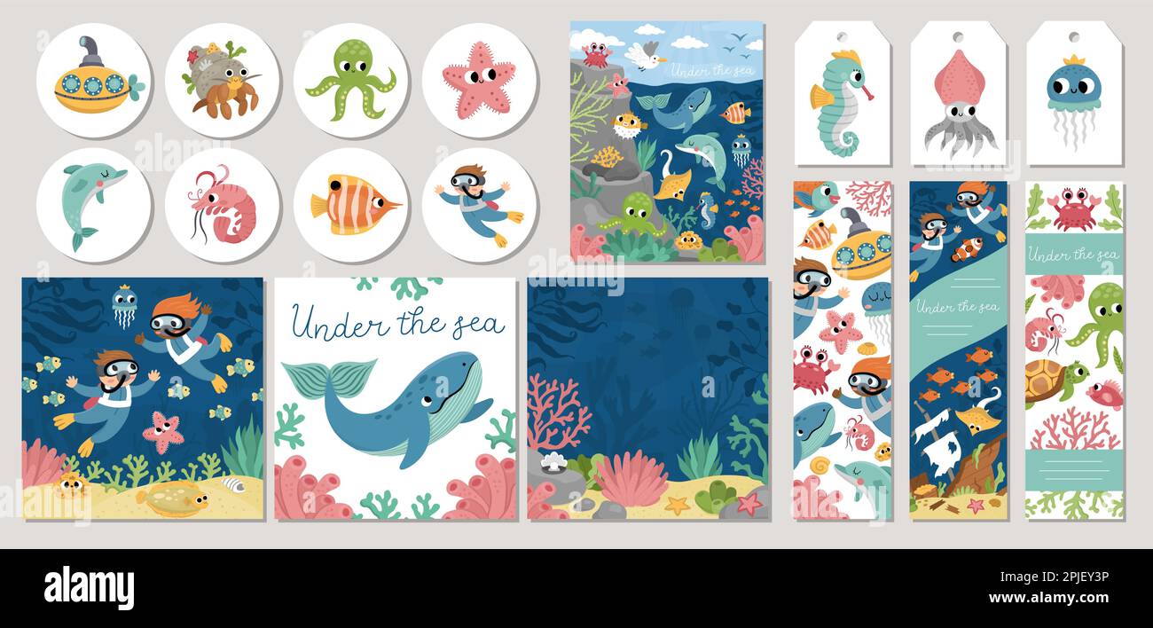 Süße Unterwasserkarten mit Algen, Fischen, Tauchern, U-Boot. Vector Cartoon Ocean Life Square, runde, vertikale Druckvorlagen. Wasserdesign Stock Vektor