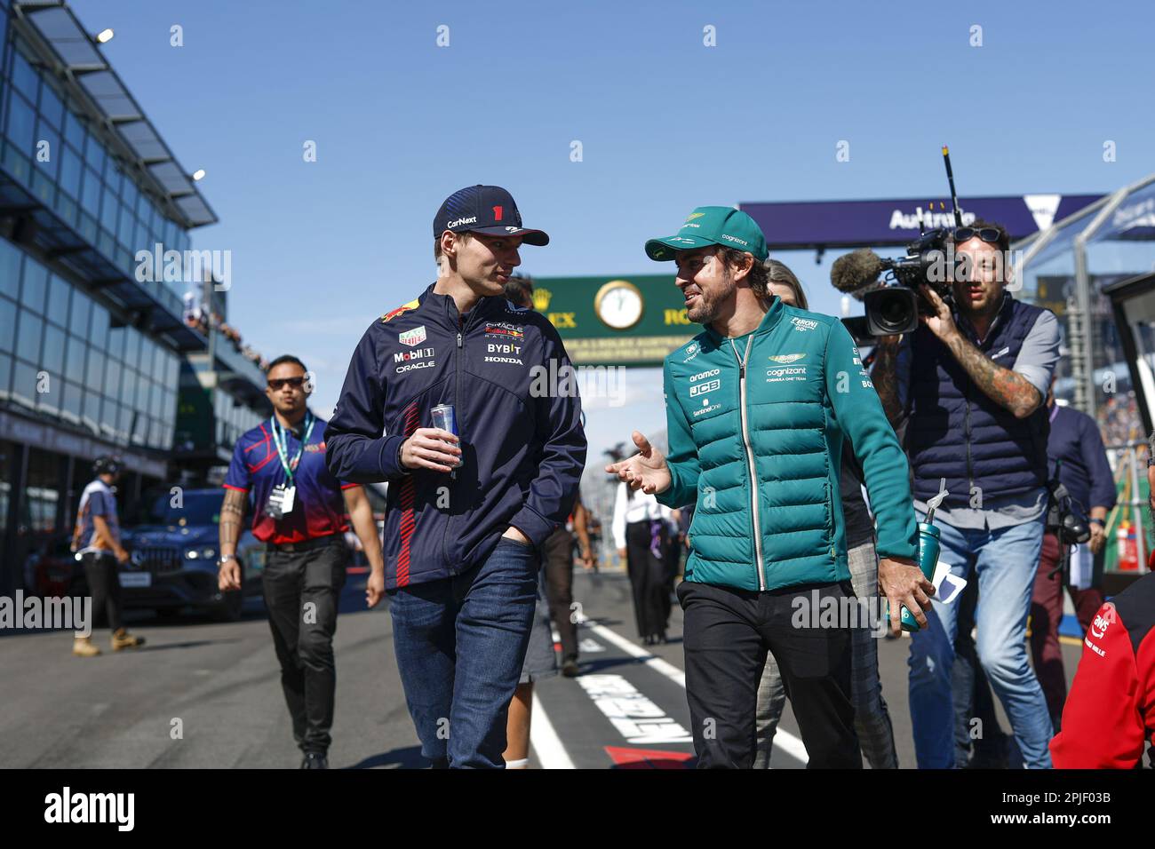 VERSTAPPEN Max (Ned), Red Bull Racing RB19, Portrait ALONSO Fernando (Spa), Aston Martin F1 Team AMR23, Portrait während der Formel 1 Rolex Australian Grand Prix 2023, 3. Runde der Formel-1-Weltmeisterschaft 2023 vom 31. März bis 2. April 2023 auf dem Albert Park Circuit in Melbourne, Australien – Foto: Dppi/DPPI/LiveMedia Stockfoto