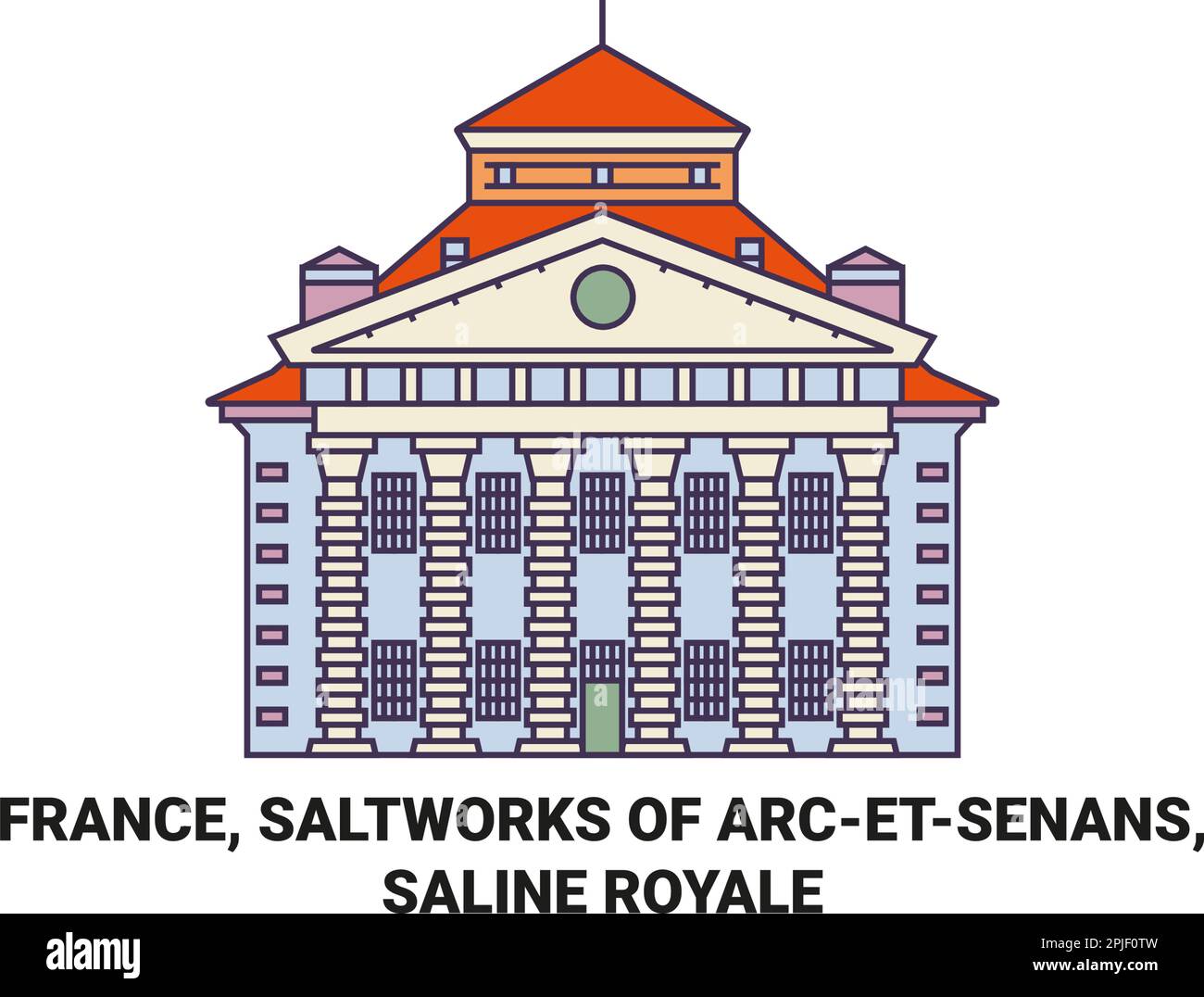 Frankreich, Kunstwerke von Arcetsenans, Saline Royale Reise-Wahrzeichen-Vektordarstellung Stock Vektor