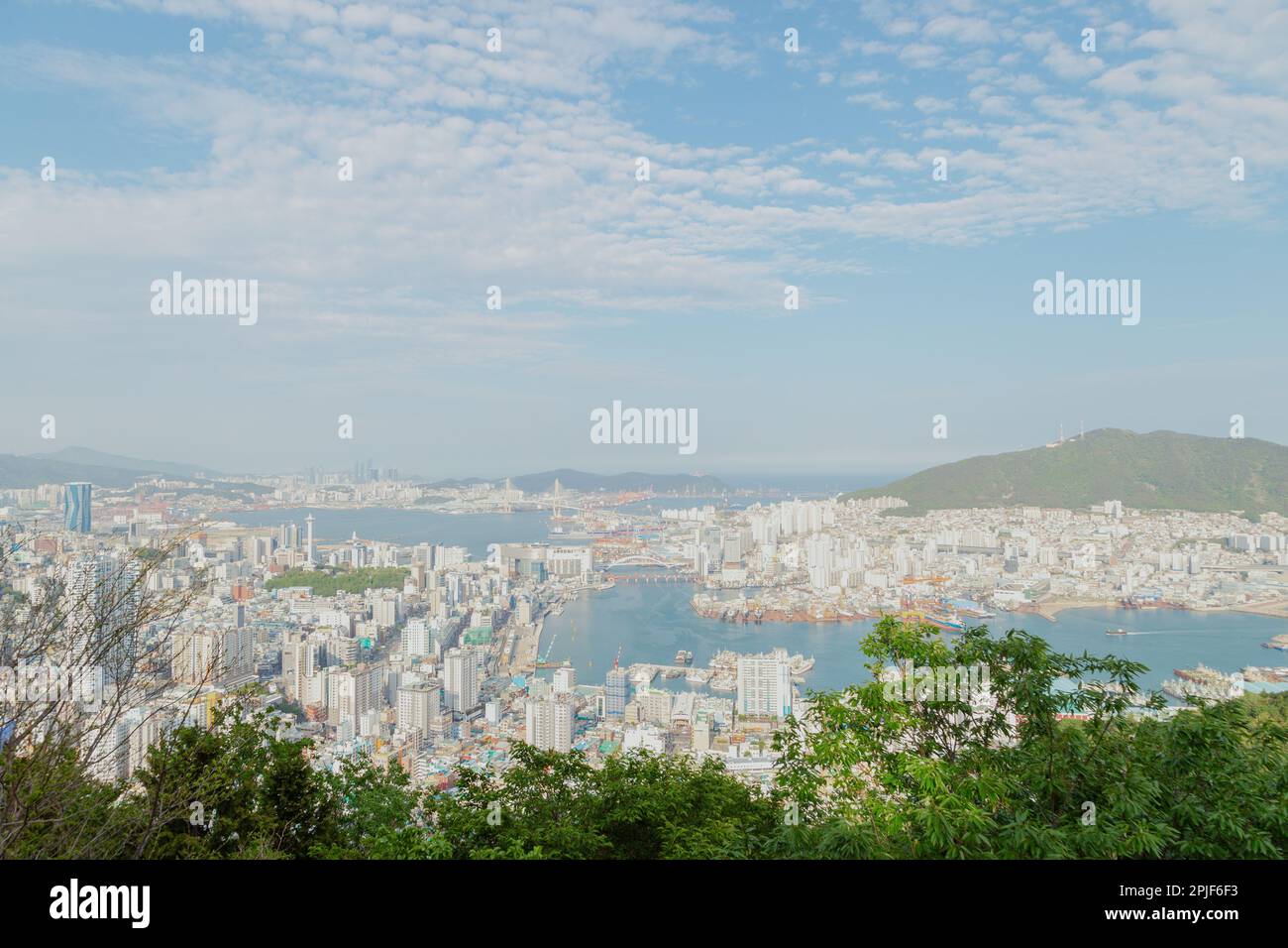 Panoramablick auf die Hafenstadt Busan, Nampodong und Yeongdo in Busan, Korea Stockfoto