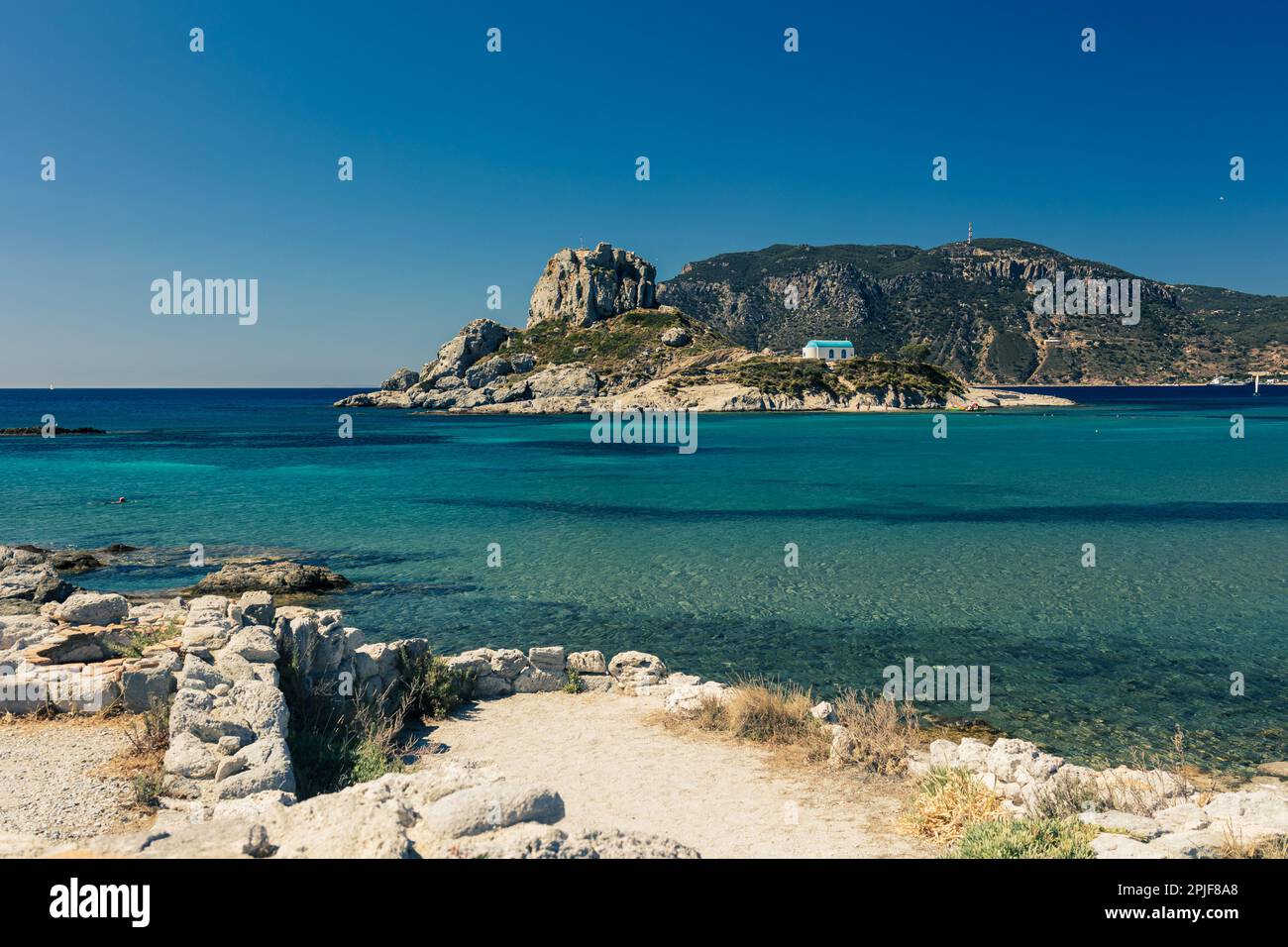 Schöner Nachmittag am Strand von Agios Stefanos auf der insel kos, griechenland Stockfoto