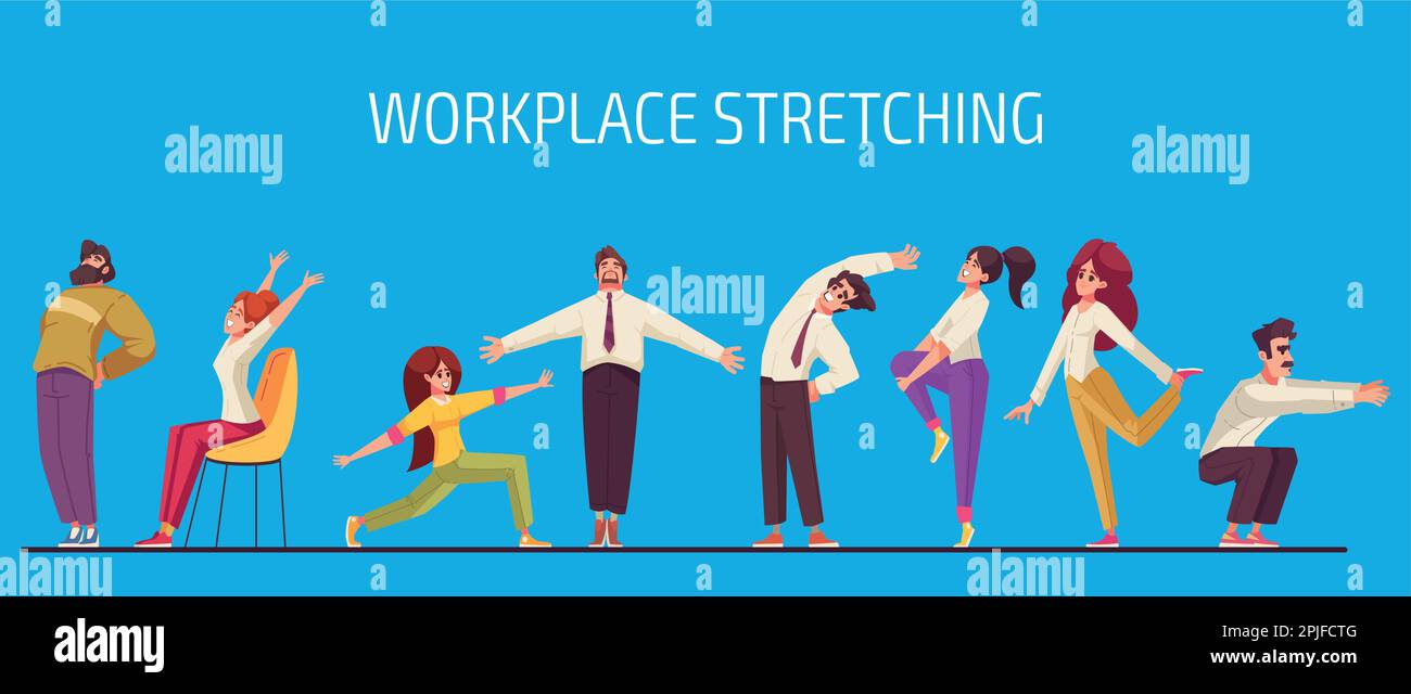 Mitarbeiter, die zu Hause oder im Büro arbeiten, strecken sich und machen kleine Übungen am Arbeitsplatz, um sich auszuruhen und zu entspannen. Entfernen von Verspannungen und Muskelschmerzen Stock Vektor