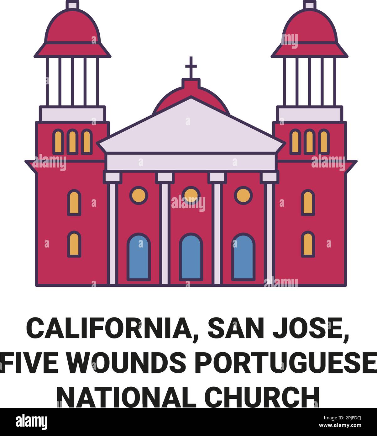 Vereinigte Staaten, Kalifornien, San Jose, fünf Wunden Portugiesische Nationalkirche Reise-Wahrzeichen-Vektordarstellung Stock Vektor